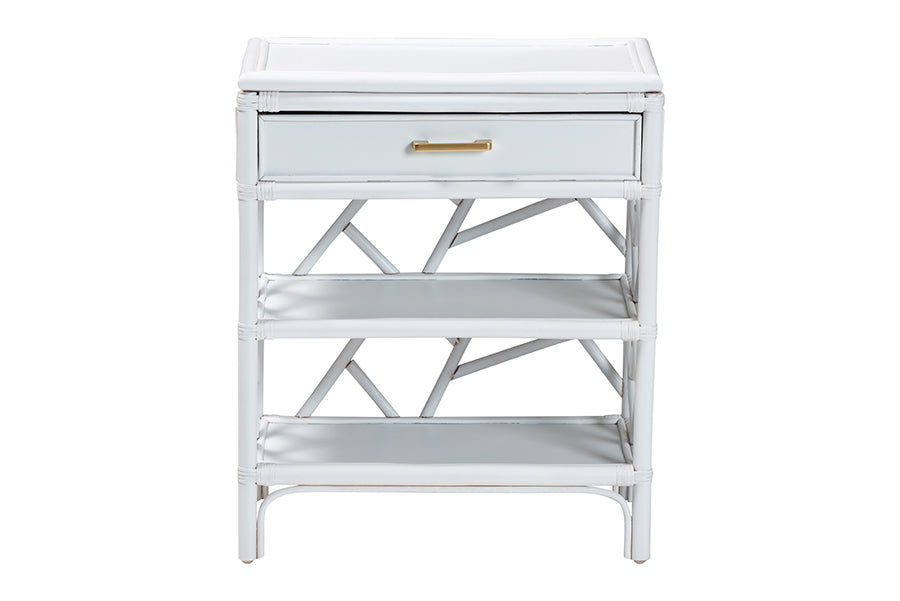bali & pari Daina Natural Rattan Nightstand with Drawer and Open Shelves- Coastal Bedside Table with Geometric Design, White FredCo