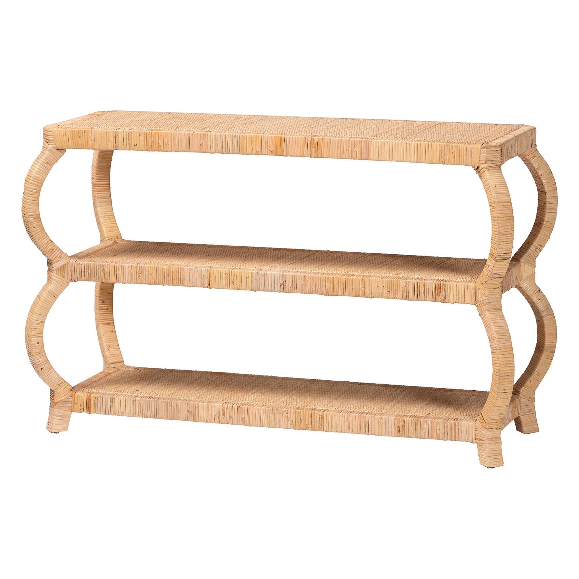 bali & pari Dalida Bohemian Natural Rattan 3-Tier Console Table FredCo