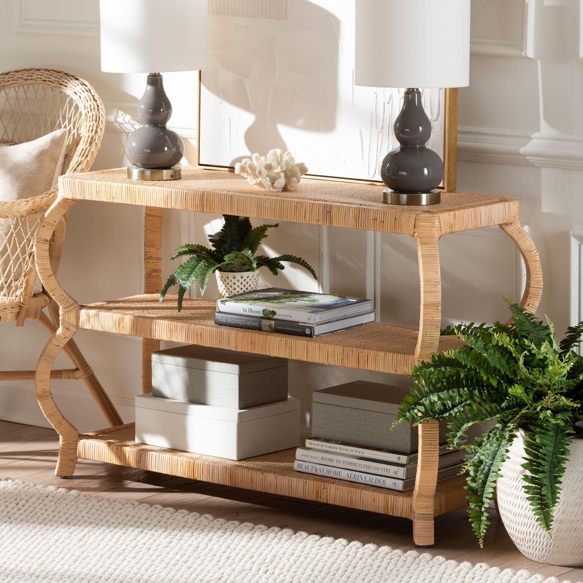 bali & pari Dalida Bohemian Natural Rattan 3-Tier Console Table FredCo