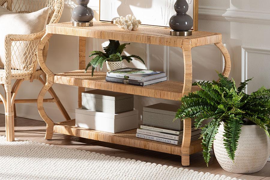 bali & pari Dalida Bohemian Natural Rattan 3-Tier Console Table FredCo