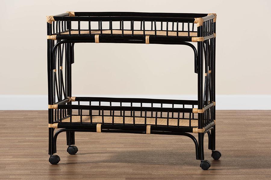 bali & pari Dalinda Modern Bohemian Two-Tone Black and Natural Brown Rattan 2-Tier Kitchen Cart FredCo