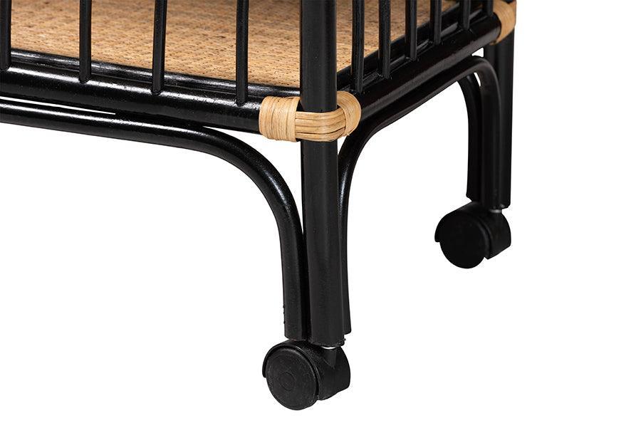 bali & pari Dalinda Modern Bohemian Two-Tone Black and Natural Brown Rattan 2-Tier Kitchen Cart FredCo