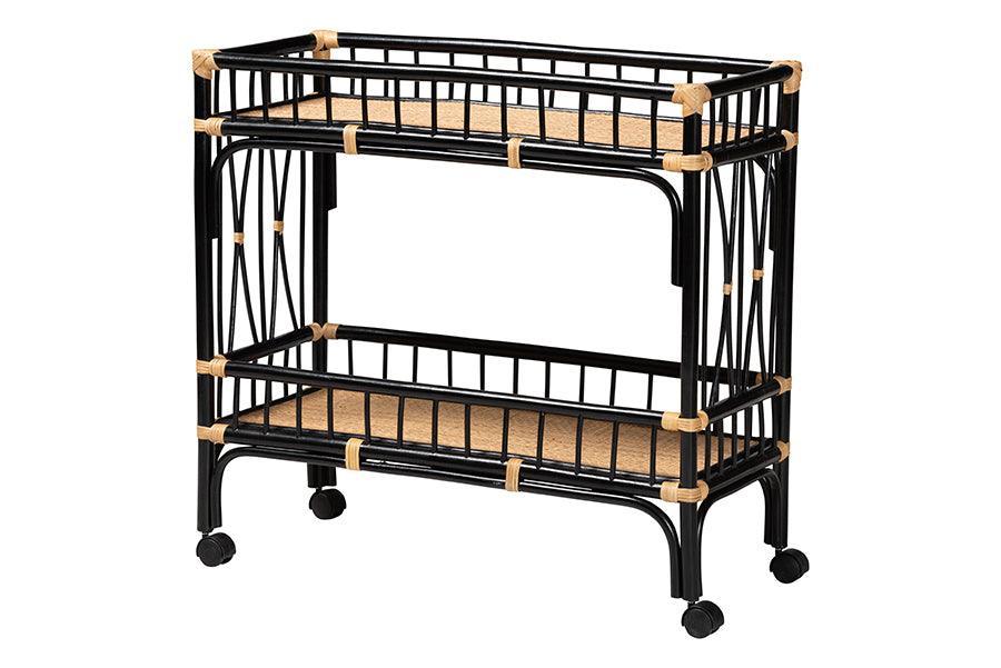 bali & pari Dalinda Modern Bohemian Two-Tone Black and Natural Brown Rattan 2-Tier Kitchen Cart FredCo