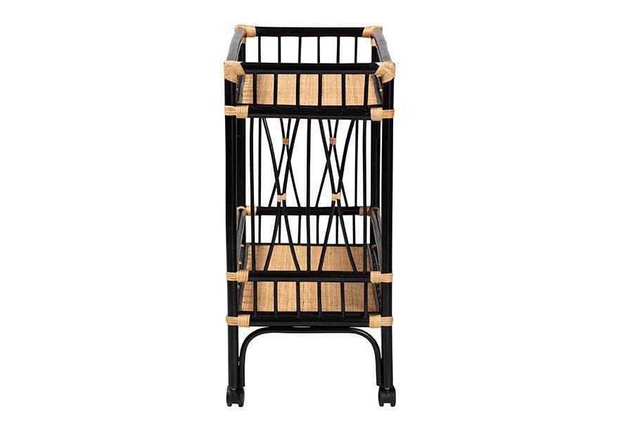 bali & pari Dalinda Modern Bohemian Two-Tone Black and Natural Brown Rattan 2-Tier Kitchen Cart FredCo