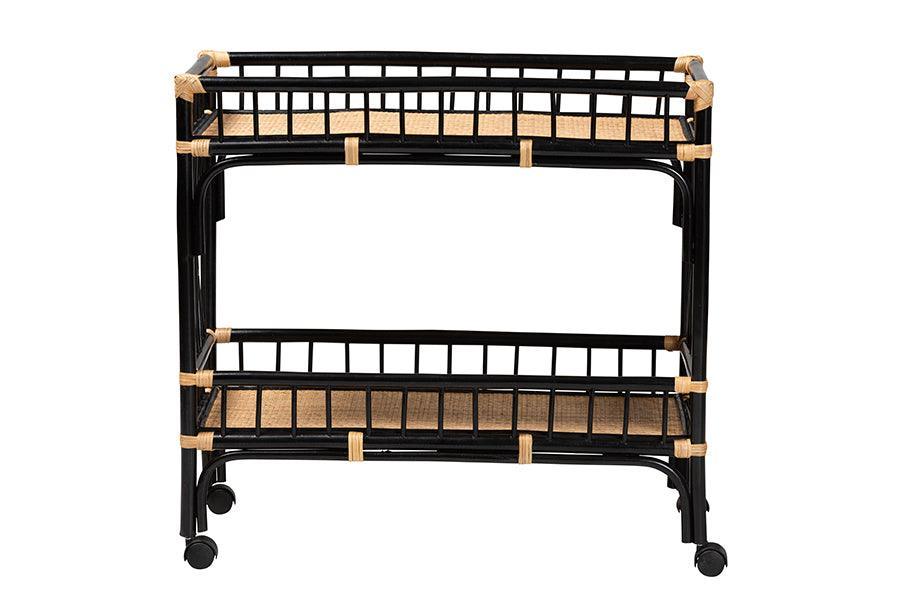 bali & pari Dalinda Modern Bohemian Two-Tone Black and Natural Brown Rattan 2-Tier Kitchen Cart FredCo