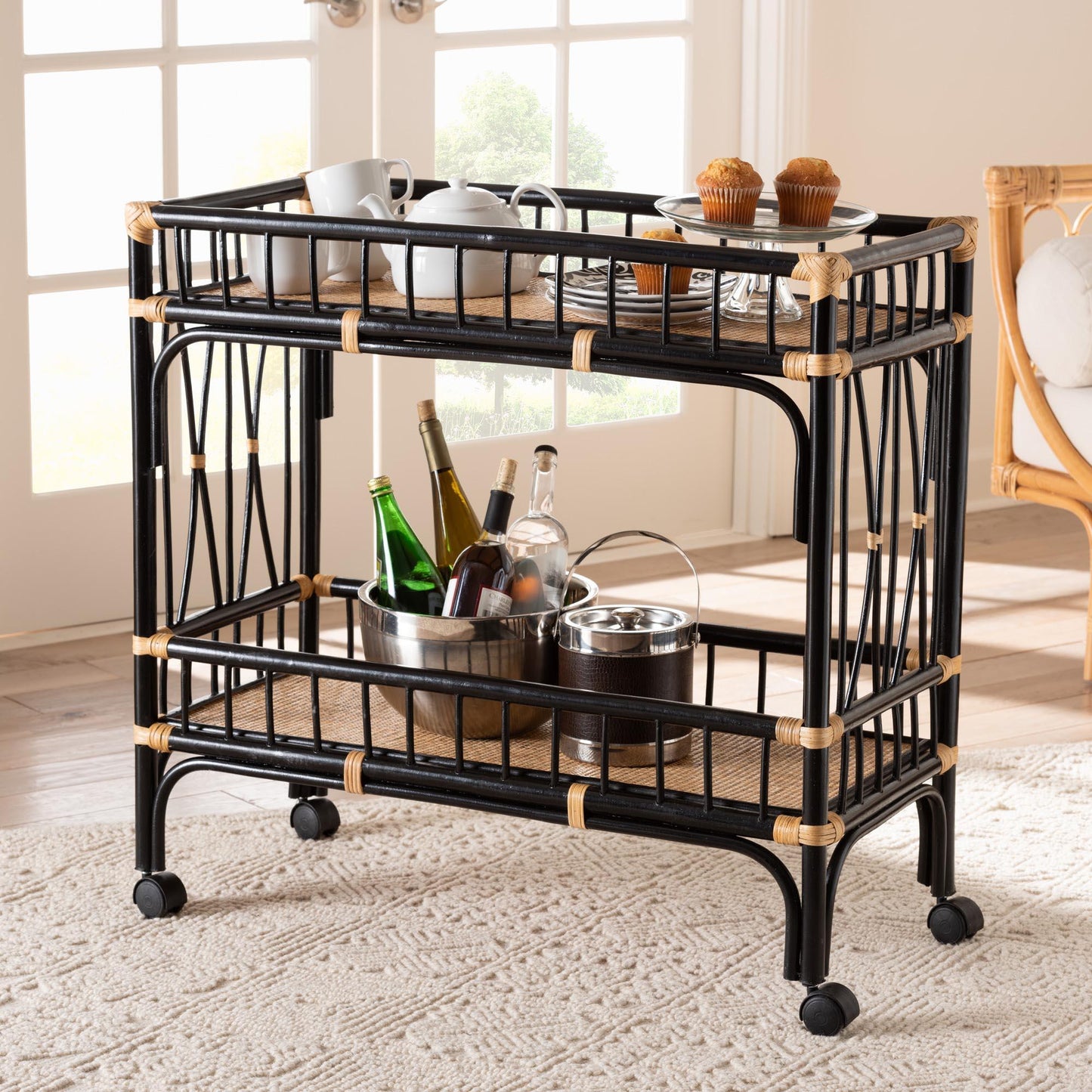 bali & pari Dalinda Modern Bohemian Two-Tone Black and Natural Brown Rattan 2-Tier Kitchen Cart FredCo