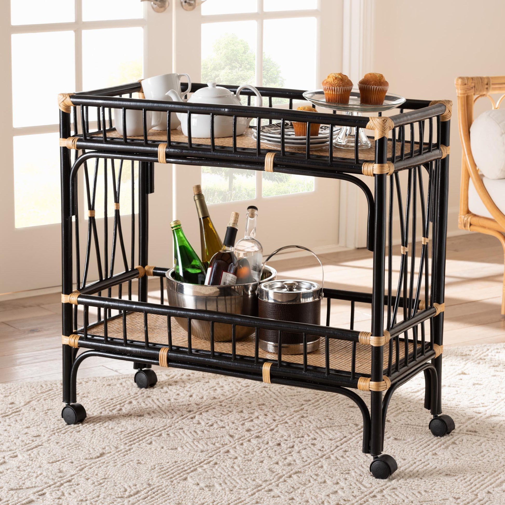 bali & pari Dalinda Modern Bohemian Two-Tone Black and Natural Brown Rattan 2-Tier Kitchen Cart FredCo
