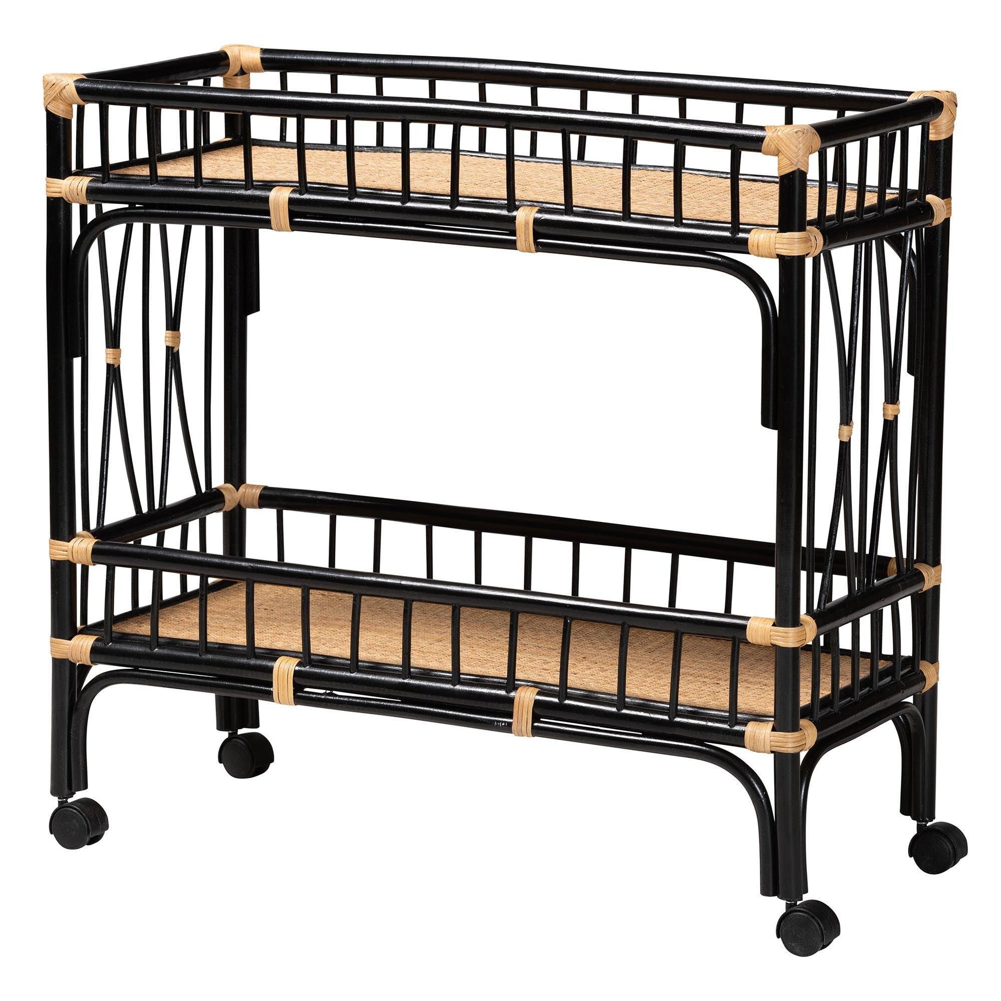 bali & pari Dalinda Modern Bohemian Two-Tone Black and Natural Brown Rattan 2-Tier Kitchen Cart FredCo