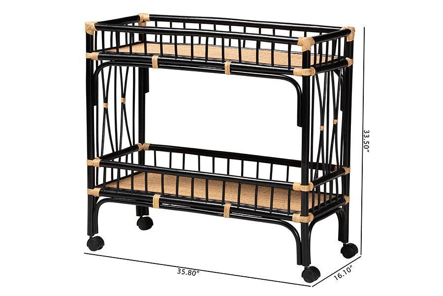 bali & pari Dalinda Modern Bohemian Two-Tone Black and Natural Brown Rattan 2-Tier Kitchen Cart FredCo