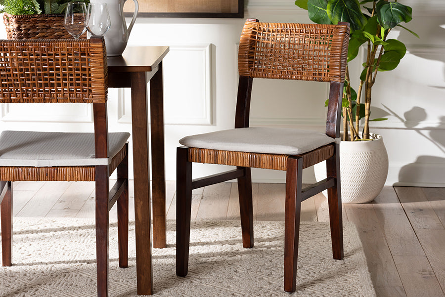 bali & pari Dameka Bohemian Light Honey Rattan and Dark Brown Wood Dining Chair FredCo
