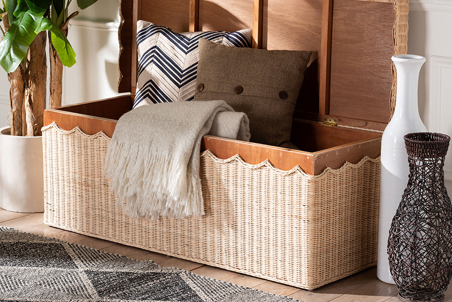 bali & pari Damita Scallop Natural Rattan Chest with Lift-top Lid - Coastal Boho Style Storage Bench for Bedroom, Entryway, or Living Room Organization FredCo