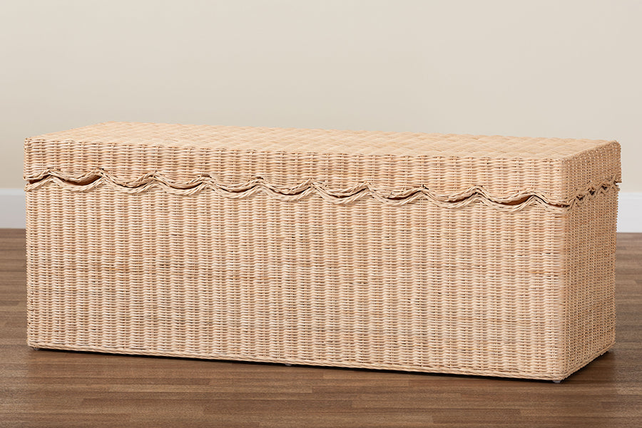 bali & pari Damita Scallop Natural Rattan Chest with Lift-top Lid - Coastal Boho Style Storage Bench for Bedroom, Entryway, or Living Room Organization FredCo