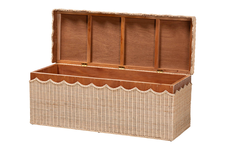 bali & pari Damita Scallop Natural Rattan Chest with Lift-top Lid - Coastal Boho Style Storage Bench for Bedroom, Entryway, or Living Room Organization FredCo