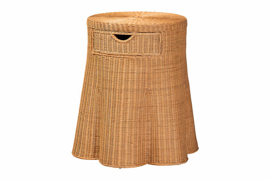 Bali & Pari Dayo Round Scalloped Natural Rattan Console Table with Drawer – Handwoven Coastal Entryway Accent FredCo