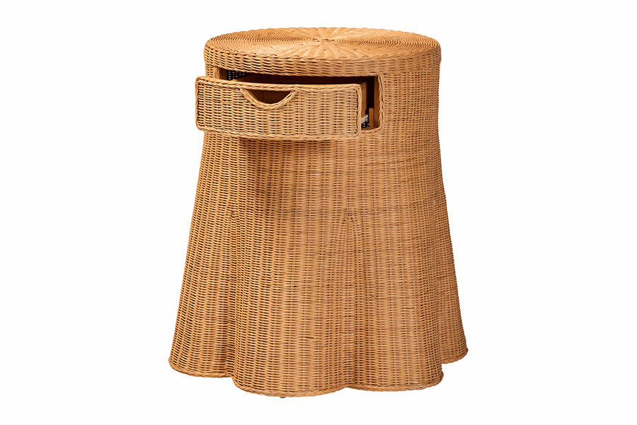 Bali & Pari Dayo Round Scalloped Natural Rattan Console Table with Drawer – Handwoven Coastal Entryway Accent FredCo
