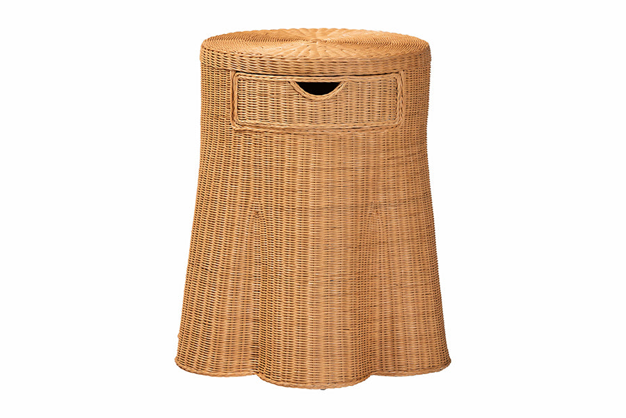 Bali & Pari Dayo Round Scalloped Natural Rattan Console Table with Drawer – Handwoven Coastal Entryway Accent FredCo