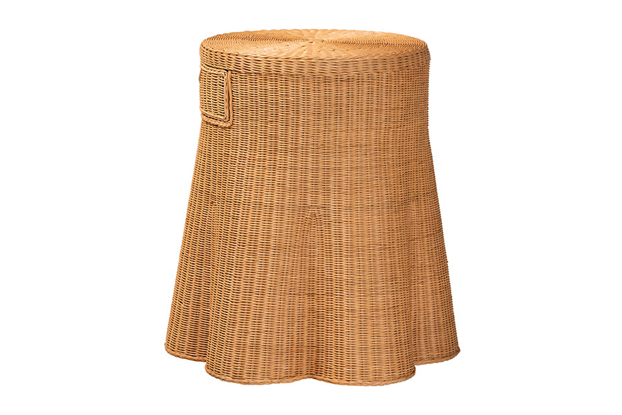 Bali & Pari Dayo Round Scalloped Natural Rattan Console Table with Drawer – Handwoven Coastal Entryway Accent FredCo