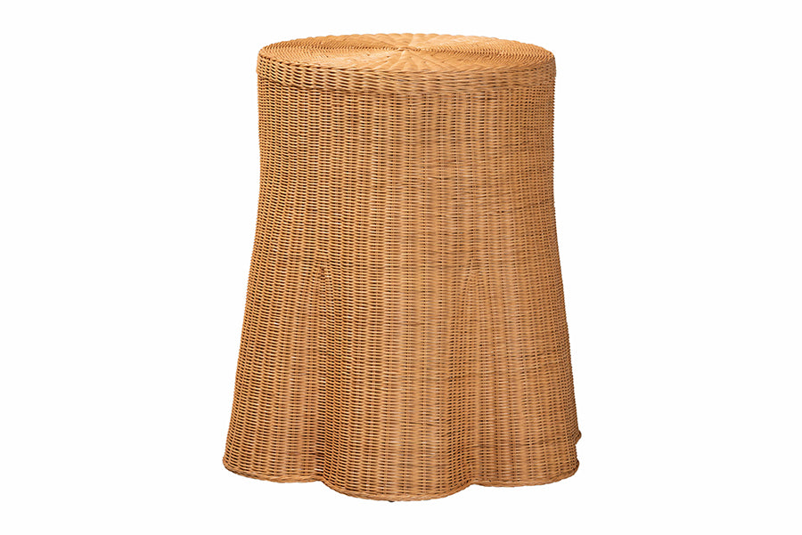 Bali & Pari Dayo Round Scalloped Natural Rattan Console Table with Drawer – Handwoven Coastal Entryway Accent FredCo