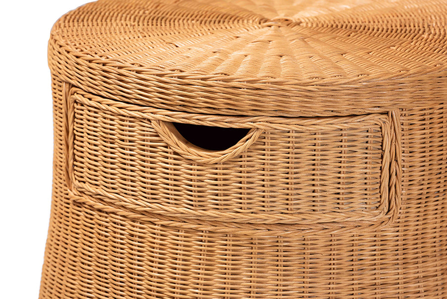 Bali & Pari Dayo Round Scalloped Natural Rattan Console Table with Drawer – Handwoven Coastal Entryway Accent FredCo