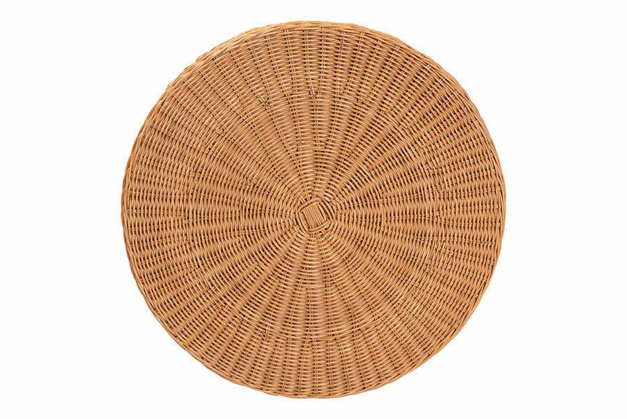 Bali & Pari Dayo Round Scalloped Natural Rattan Console Table with Drawer – Handwoven Coastal Entryway Accent FredCo