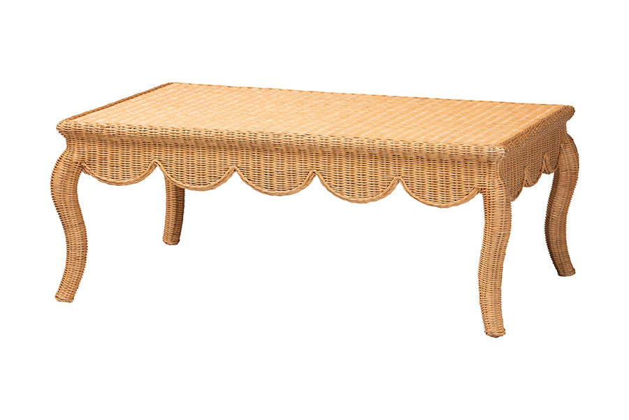 Rectangular wicker coffee table with curved legs and scalloped apron, FredCo International furniture.