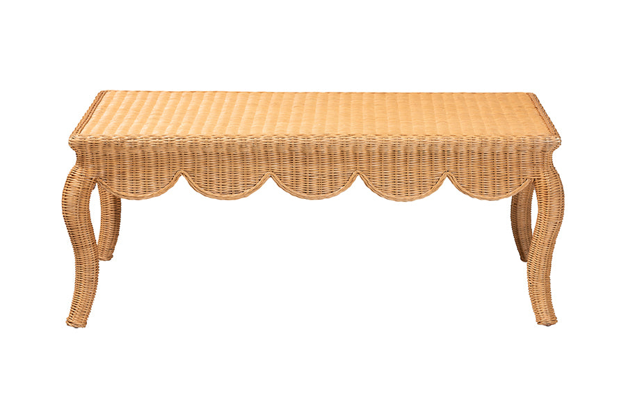 Natural wicker rectangular table with scalloped apron and curved legs, FredCo International furniture