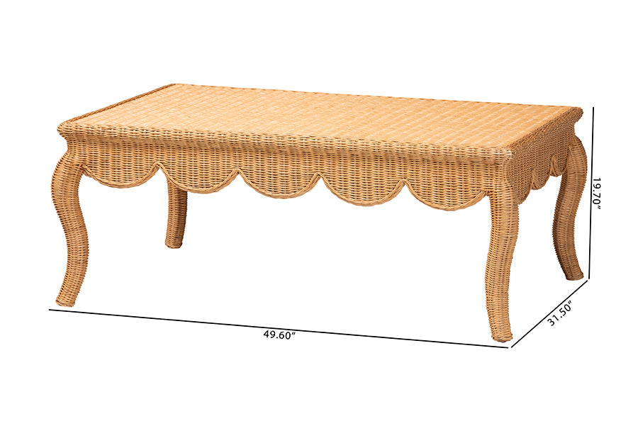 Rectangular wicker coffee table with scalloped apron, curved legs, and size dimensions shown