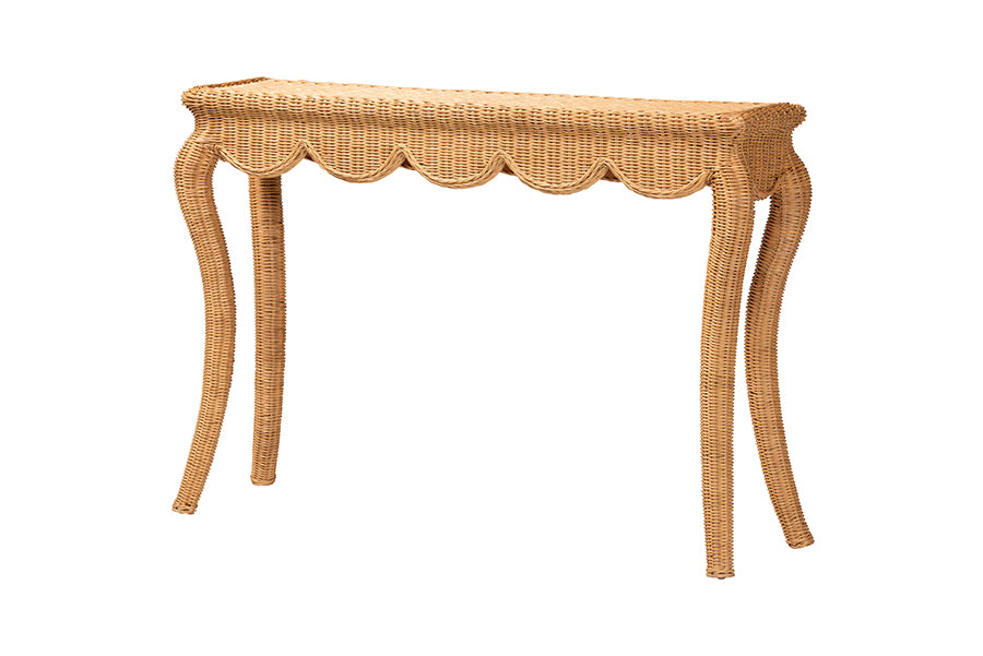 Natural wicker console table with scalloped edge and curved legs, FredCo International furniture