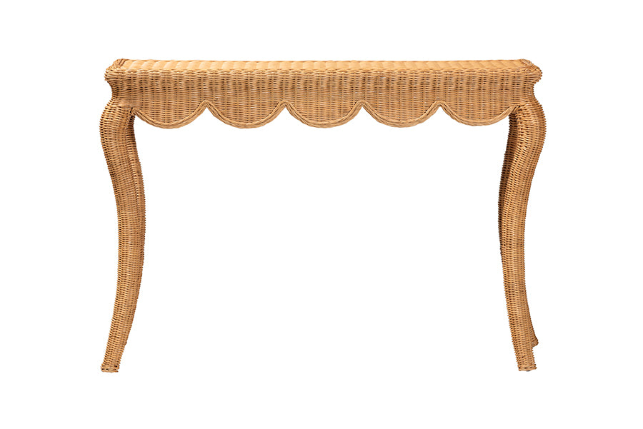 Natural wicker console table with scalloped edge and curved legs, FredCo International furniture