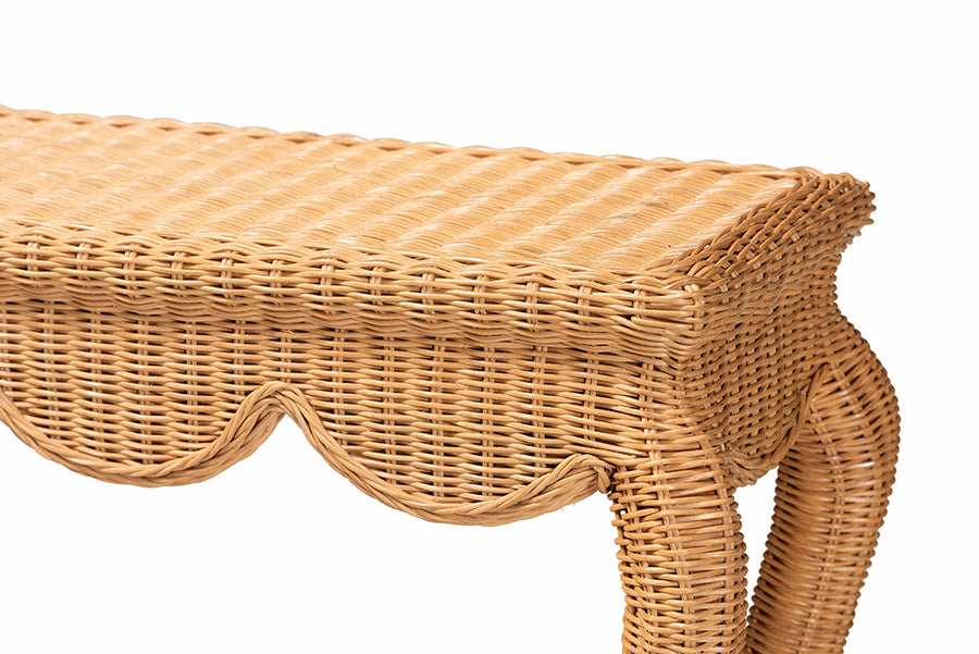 Natural wicker console table with scalloped edge and curved legs, FredCo International furniture
