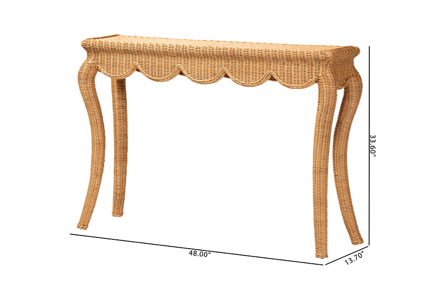 Natural wicker console table with scalloped edge and curved legs, 48x13.7x33.6 inches