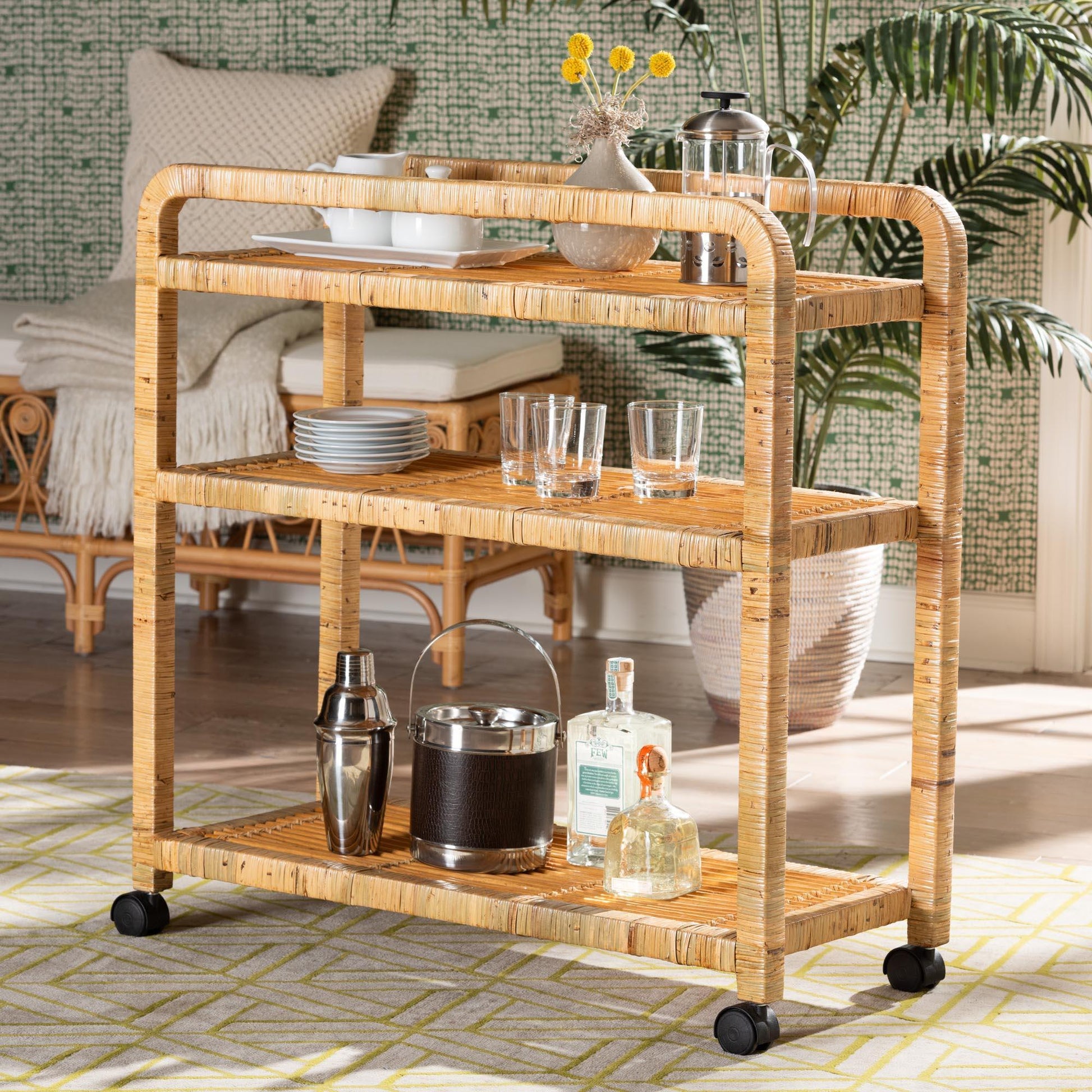 bali & pari Delphine Modern Bohemian Natural Rattan Kitchen Cart FredCo