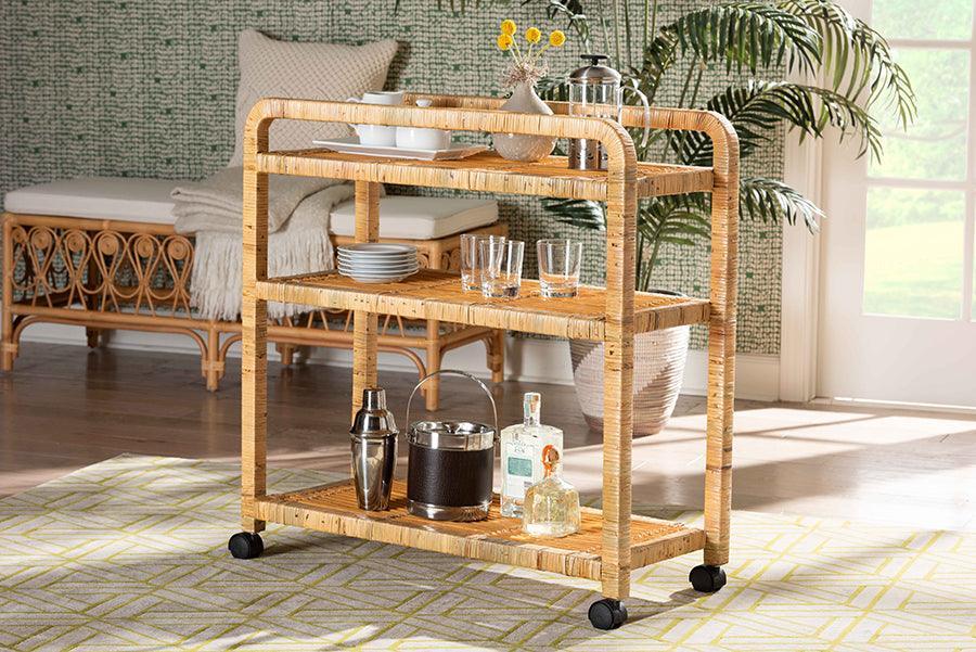bali & pari Delphine Modern Bohemian Natural Rattan Kitchen Cart FredCo