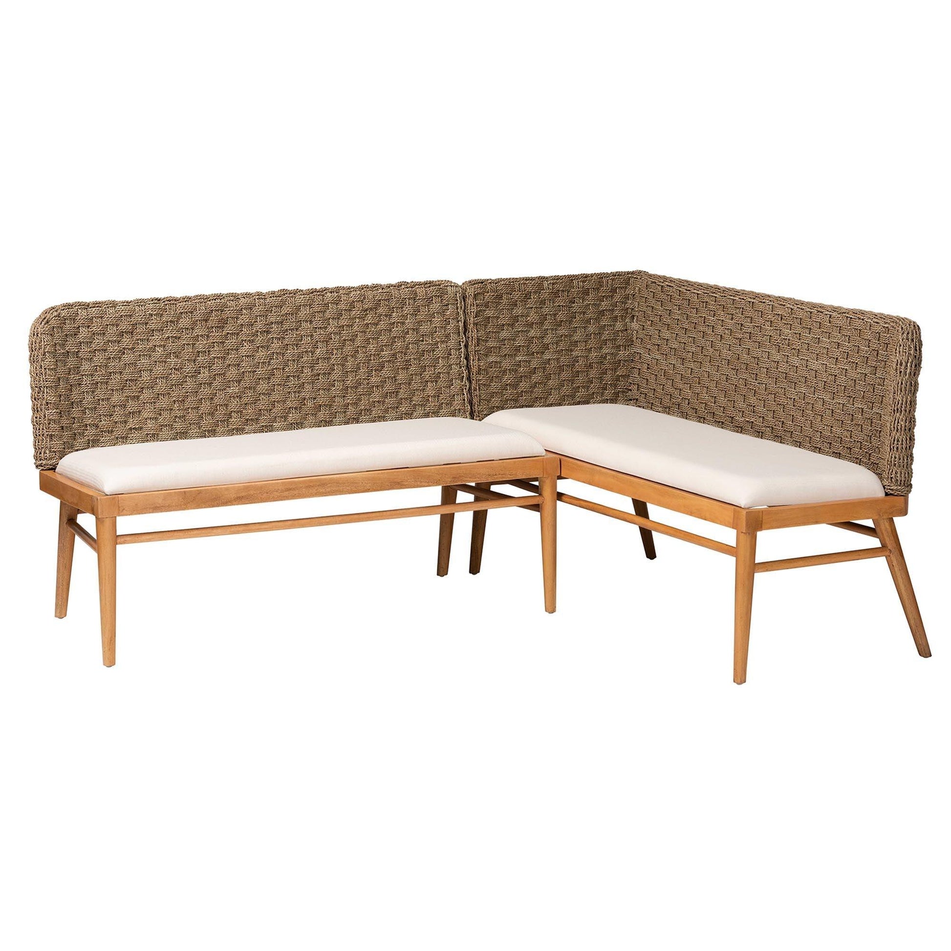 bali & pari Denver Modern Bohemian Natural Seagrass and Acacia Wood 2-Piece Dining Nook Banquette Set FredCo