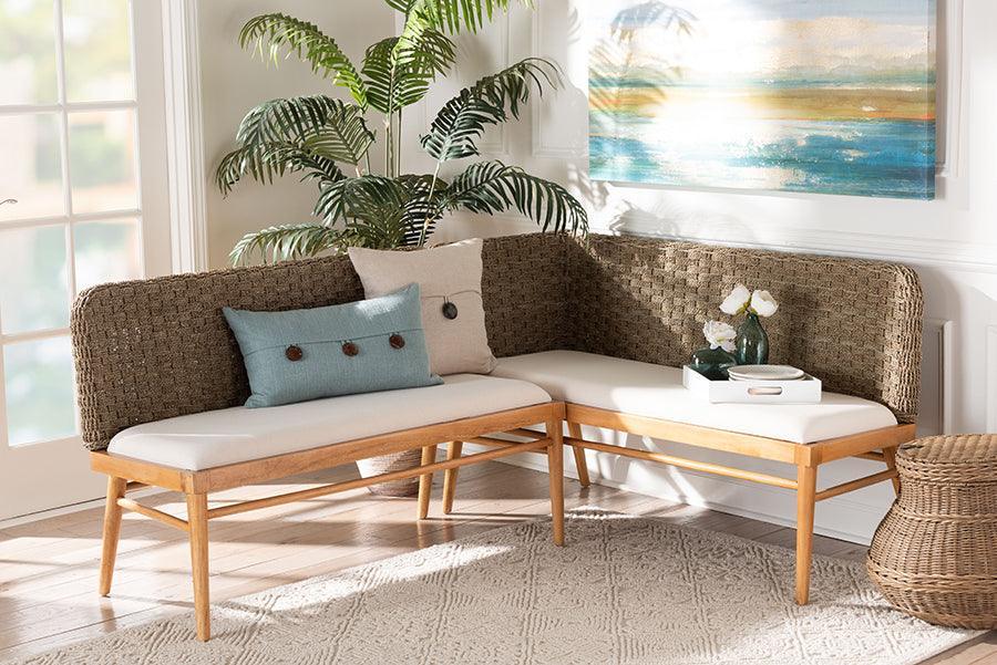 bali & pari Denver Modern Bohemian Natural Seagrass and Acacia Wood 2-Piece Dining Nook Banquette Set FredCo