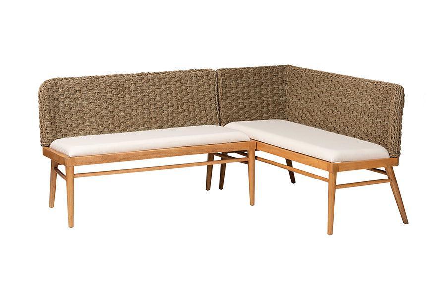 bali & pari Denver Modern Bohemian Natural Seagrass and Acacia Wood 2-Piece Dining Nook Banquette Set FredCo