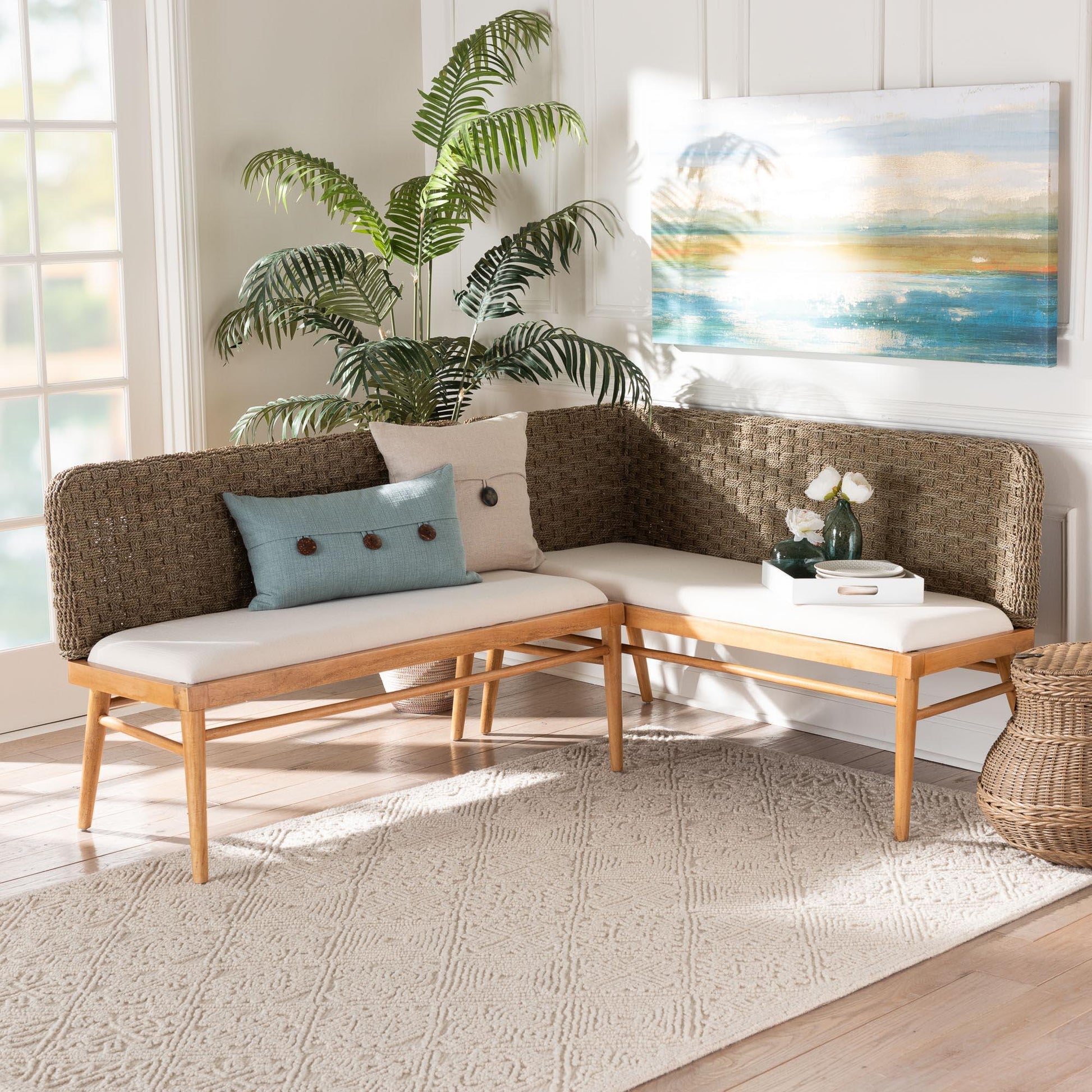 bali & pari Denver Modern Bohemian Natural Seagrass and Acacia Wood 2-Piece Dining Nook Banquette Set FredCo