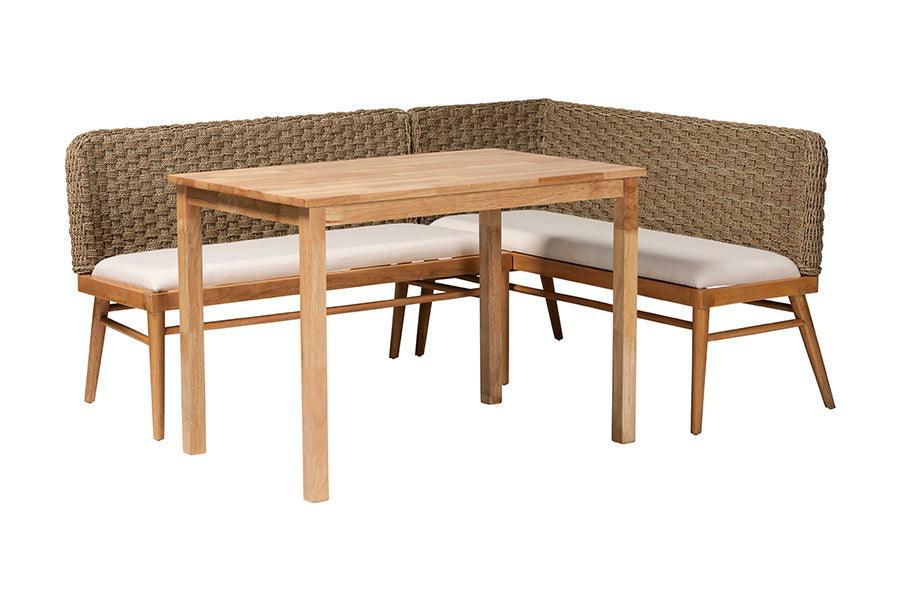 bali & pari Denver Modern Bohemian Natural Seagrass and Acacia Wood 3-Piece Dining Nook Set FredCo