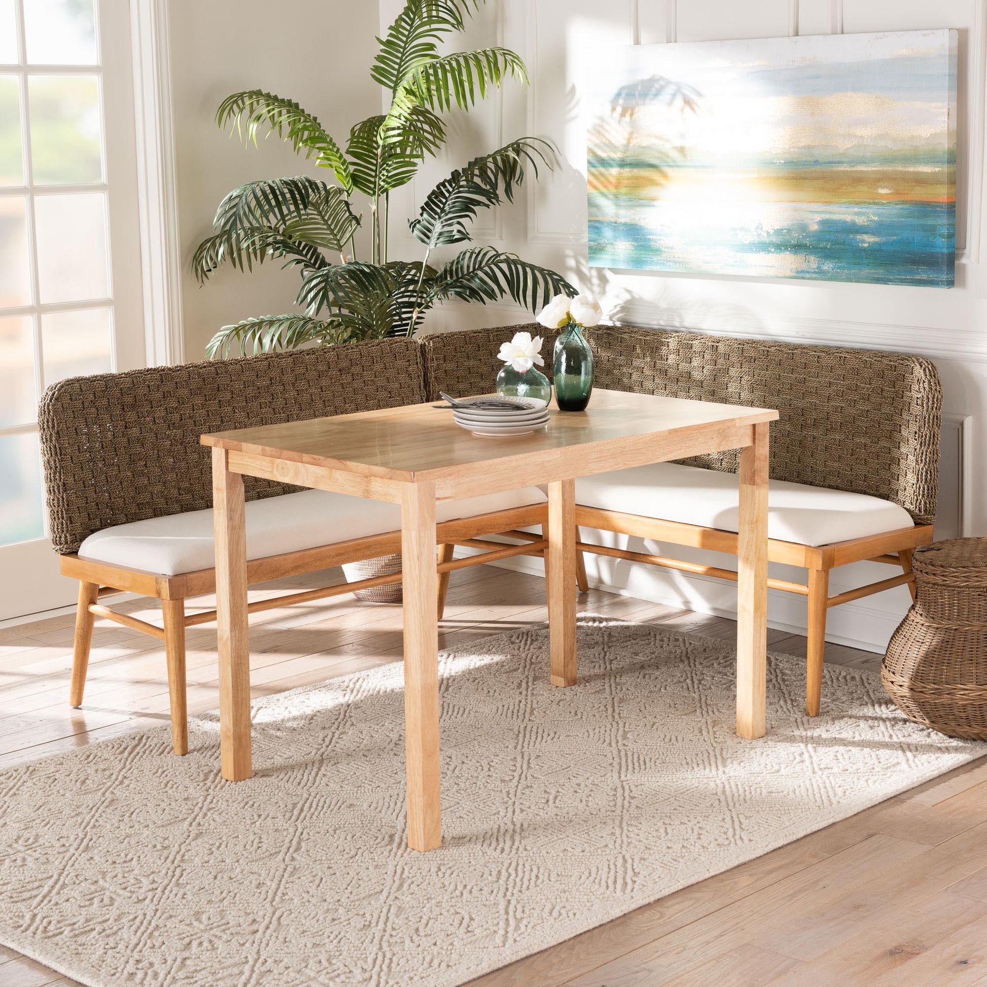 bali & pari Denver Modern Bohemian Natural Seagrass and Acacia Wood 3-Piece Dining Nook Set FredCo
