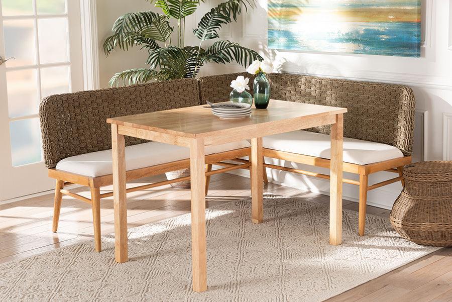 bali & pari Denver Modern Bohemian Natural Seagrass and Acacia Wood 3-Piece Dining Nook Set FredCo