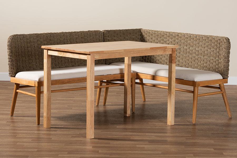 bali & pari Denver Modern Bohemian Natural Seagrass and Acacia Wood 3-Piece Dining Nook Set FredCo