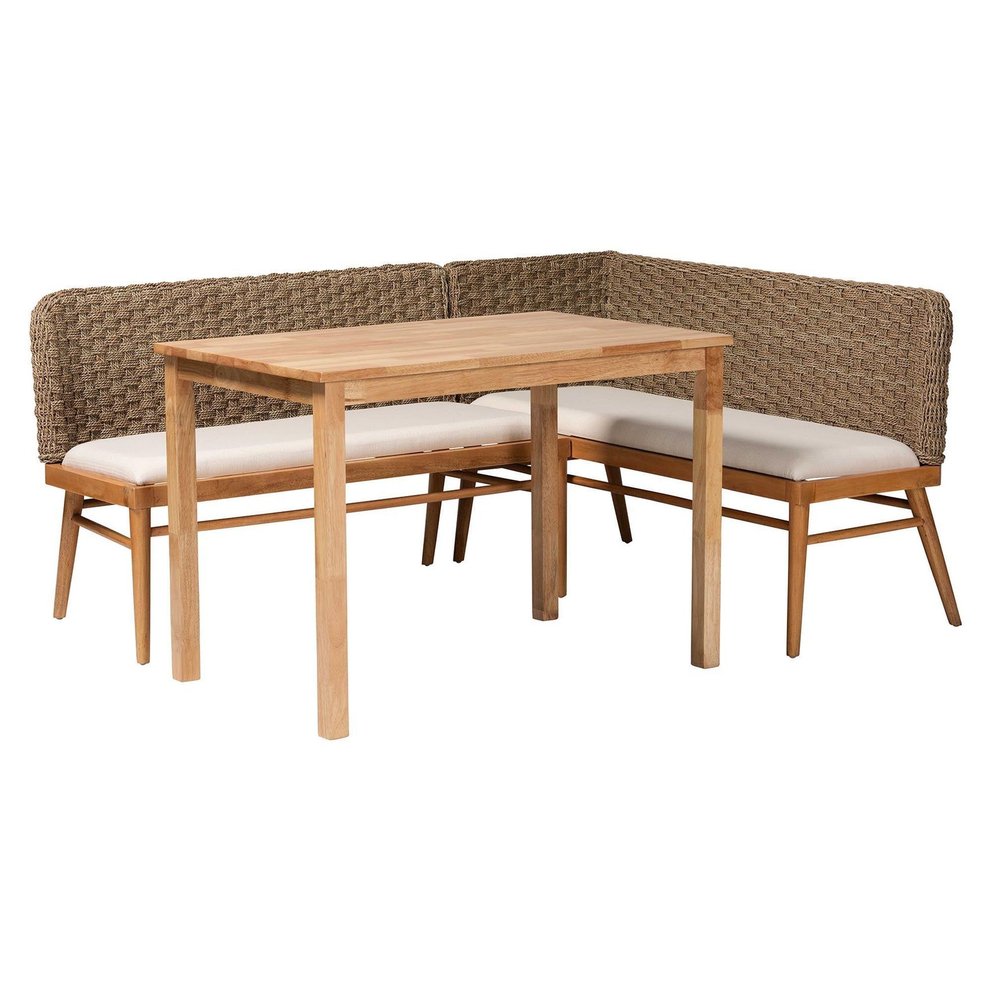 bali & pari Denver Modern Bohemian Natural Seagrass and Acacia Wood 3-Piece Dining Nook Set FredCo