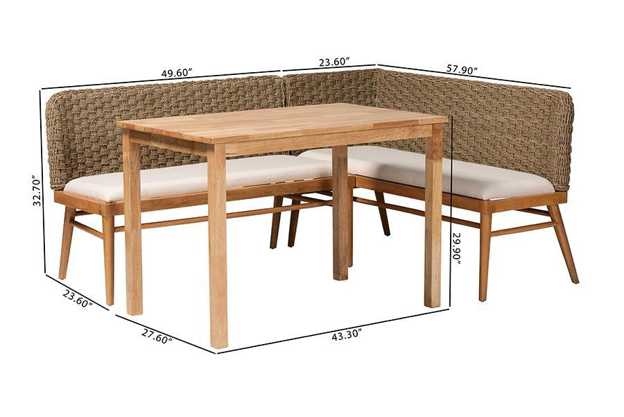 bali & pari Denver Modern Bohemian Natural Seagrass and Acacia Wood 3-Piece Dining Nook Set FredCo