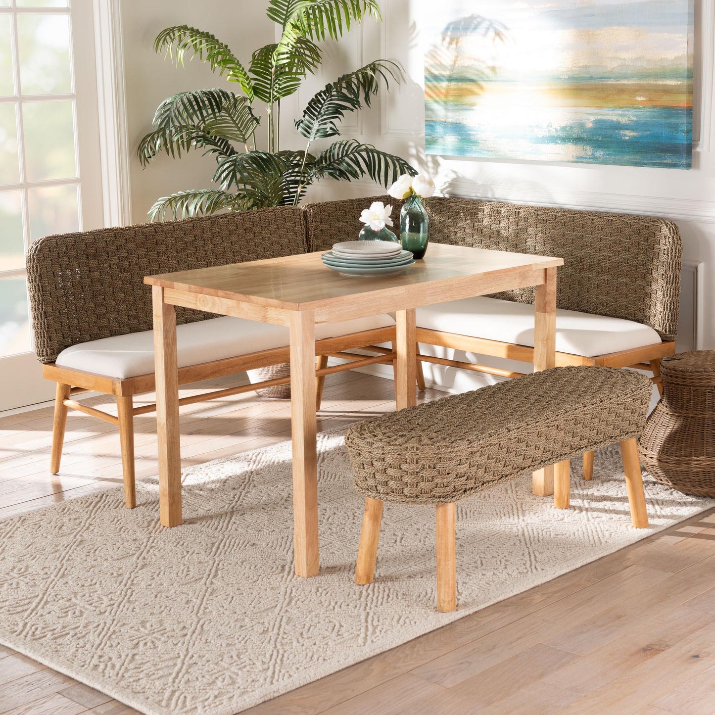 bali & pari Denver Modern Bohemian Natural Seagrass and Acacia Wood 4-Piece Dining Nook Set FredCo
