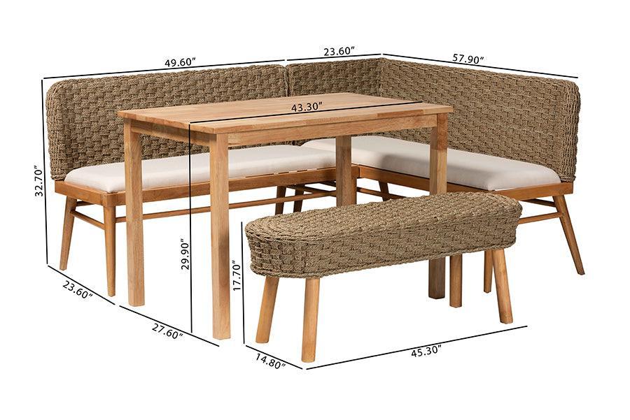 bali & pari Denver Modern Bohemian Natural Seagrass and Acacia Wood 4-Piece Dining Nook Set FredCo