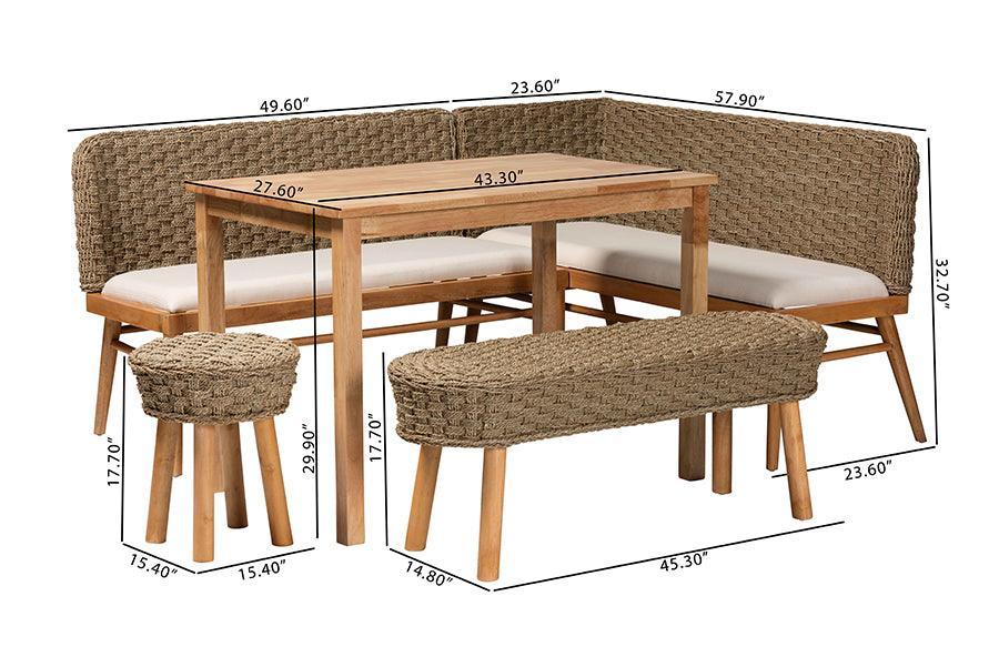 bali & pari Denver Modern Bohemian Natural Seagrass and Acacia Wood 5-Piece Dining Nook Set FredCo