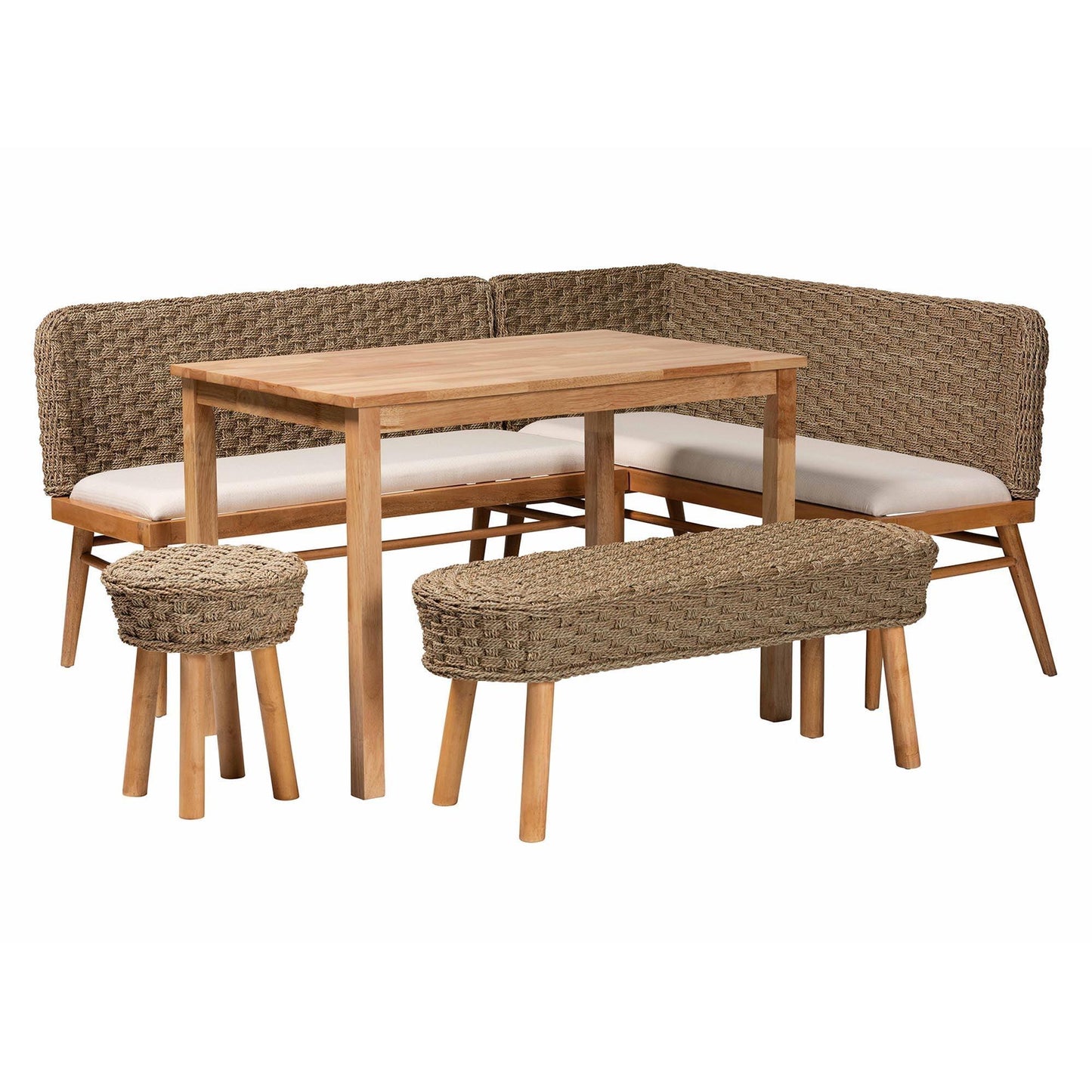 bali & pari Denver Modern Bohemian Natural Seagrass and Acacia Wood 5-Piece Dining Nook Set FredCo