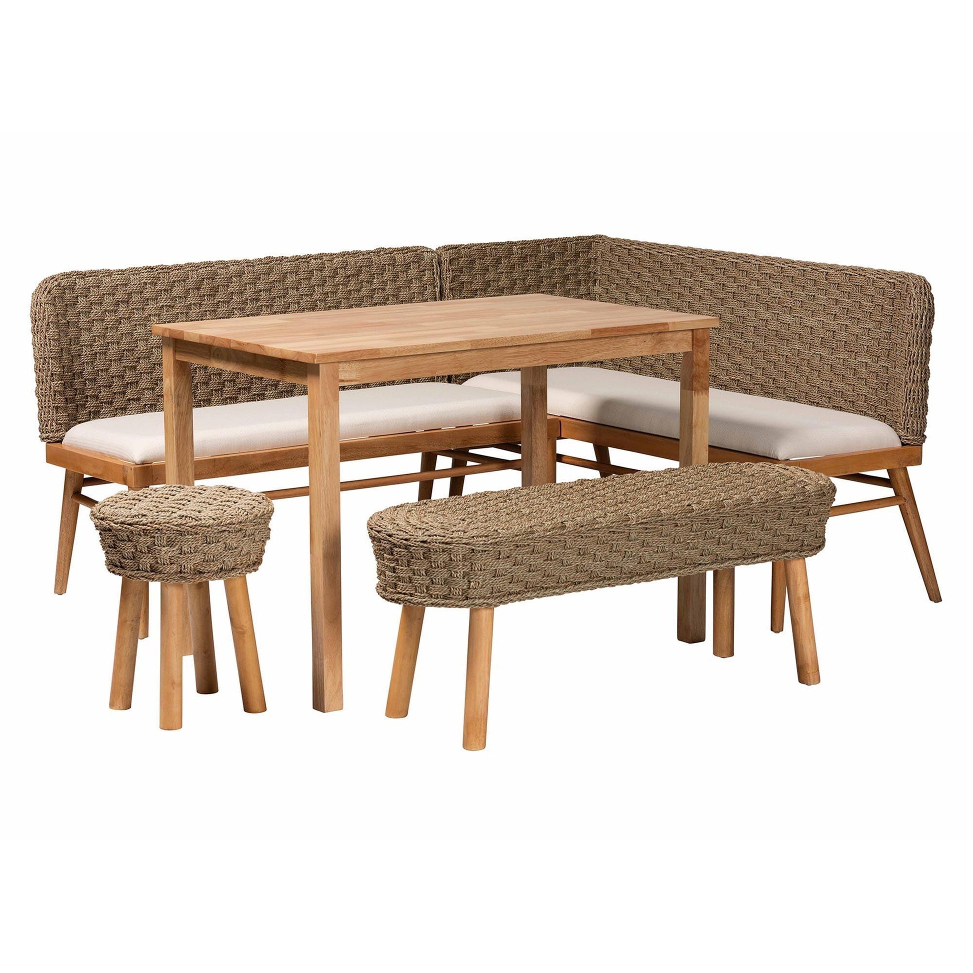 bali & pari Denver Modern Bohemian Natural Seagrass and Acacia Wood 5-Piece Dining Nook Set FredCo
