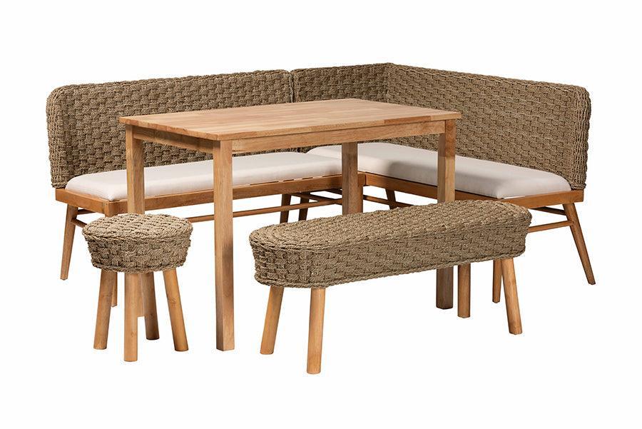 bali & pari Denver Modern Bohemian Natural Seagrass and Acacia Wood 5-Piece Dining Nook Set FredCo