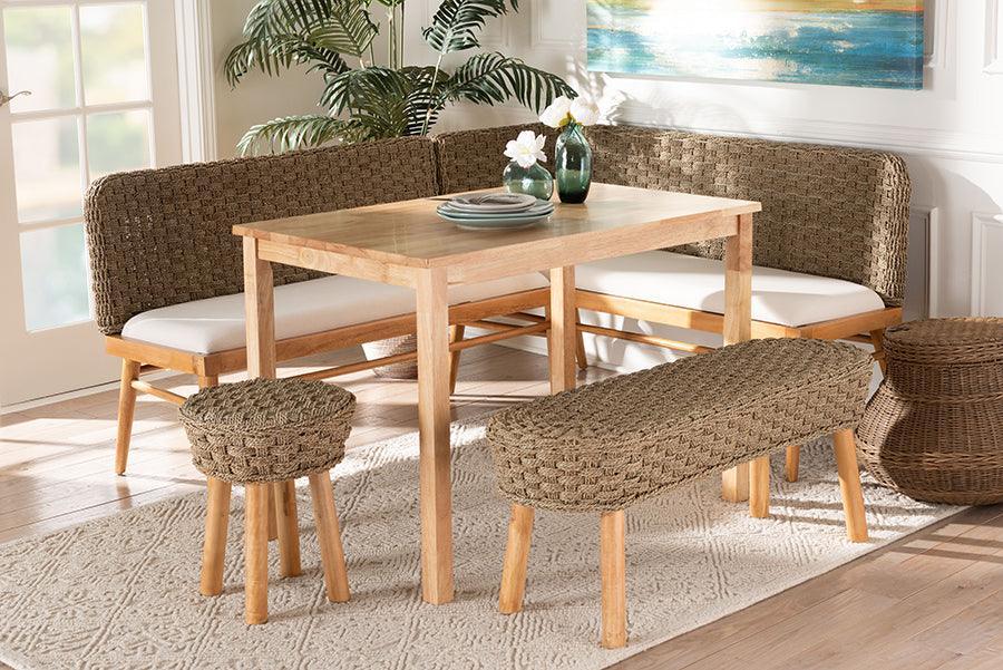 bali & pari Denver Modern Bohemian Natural Seagrass and Acacia Wood 5-Piece Dining Nook Set FredCo